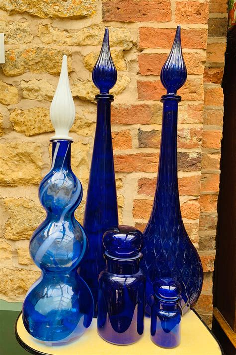 Cobalt Blue Genie Bottle With Quilted Pattern Vintage Tall Empoli