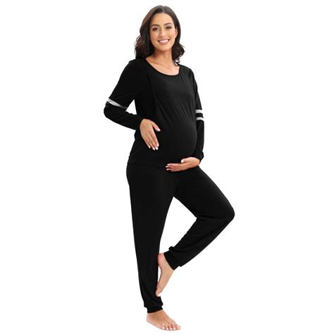 Women Maternity Nursing Pajama Set Breastfeeding Long Sleeve Top Long Pants Set Double Layer