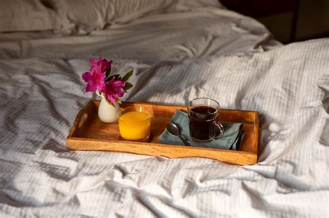 Free Photo Close Up On Romantic Breakfast In Bed Arrangement