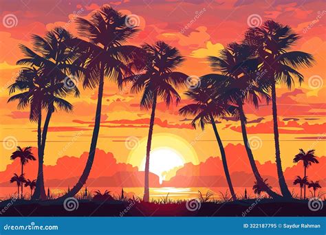 Sunset Ocean Summer Beach With Tropical Palm Tree Over Horizon Stock