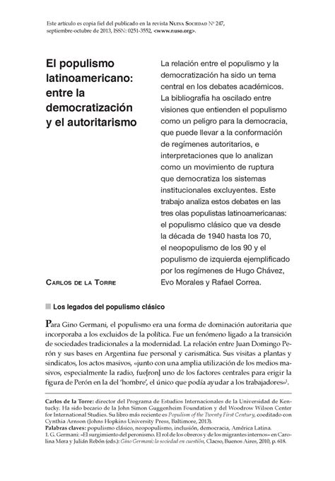 Populismo en América Latina Los legados del populismo clásico Para