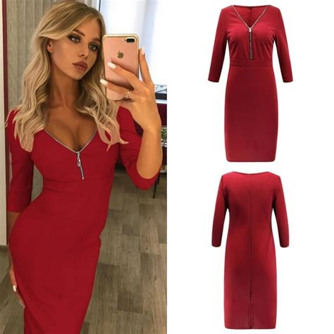 Womens Deep V Neck Plunge Bodycon Zip Up Ladies Cocktail Party Pencil