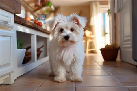 Premium Ai Image White Dog In The Kitchen At Home