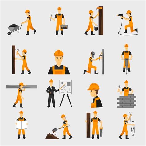 Iconos de trabajador de construcción planos Vector Gratis