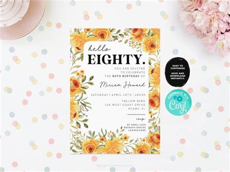 Editable Th Birthday Invitation Template Hello Eighty Birthday Invite