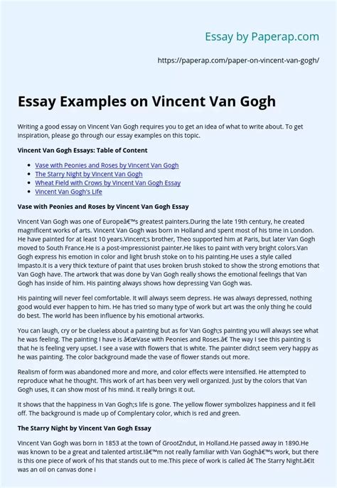 Essay Examples On Vincent Van Gogh Free Essay Example