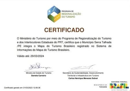 Serra Talhada recebe certificado de participação no Mapa do Turismo