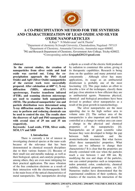 (PDF) A CO-PRECIPITATION METHOD FOR THE SYNTHESIS AND CHARACTERIZATION OF LEAD OXIDE AND SILVER ...