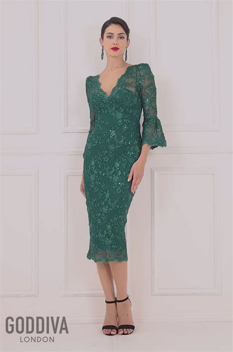 Sequin Scallop Lace Midi Dress Emerald Green