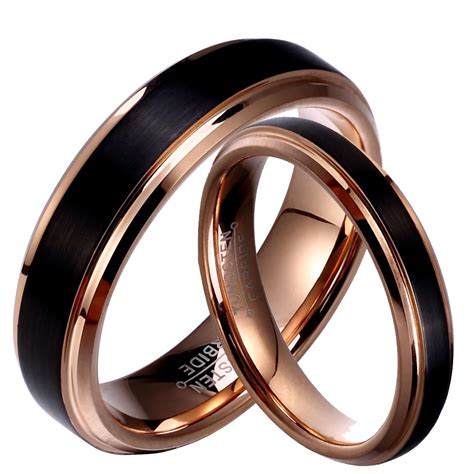 1 Pair Black Tungsten Carbide Wedding Band Rose Gold Plated Coupe