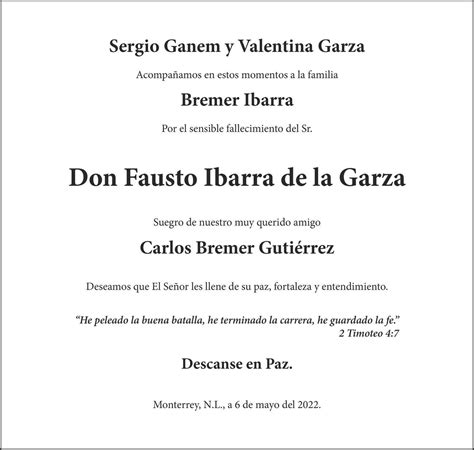 Señor Fausto Ibarra de la Garza Obituario Esquela