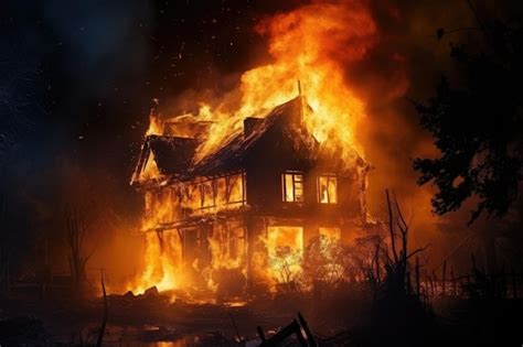 Premium AI Image Burning House In The Forest At Night Fire In The