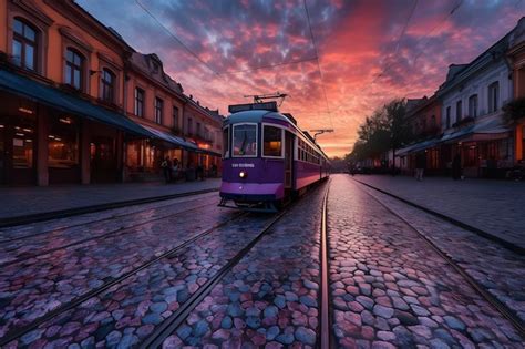 Premium AI Image | A purple train is on the tracks in front of a colorful sunset.