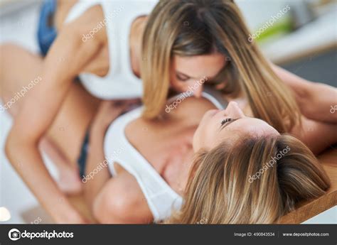 LGBT Lesbian Couple Love Moments In The Kitchen Happiness Concept Stock Photo Macniak 490843534