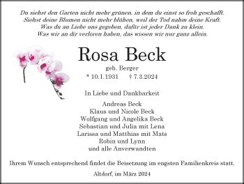 Traueranzeigen Von Rosa Beck Schwarzw Lder Bote Trauer