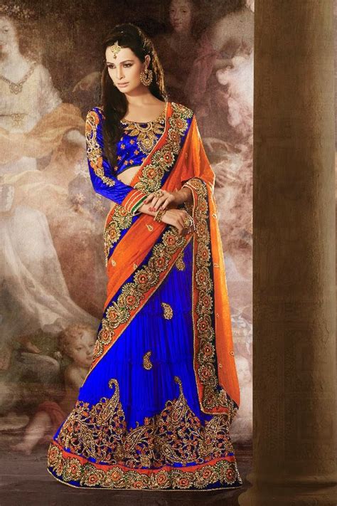 Attractive Look Blue And Orange Lehenga Style Saree Women Clothing Online Store