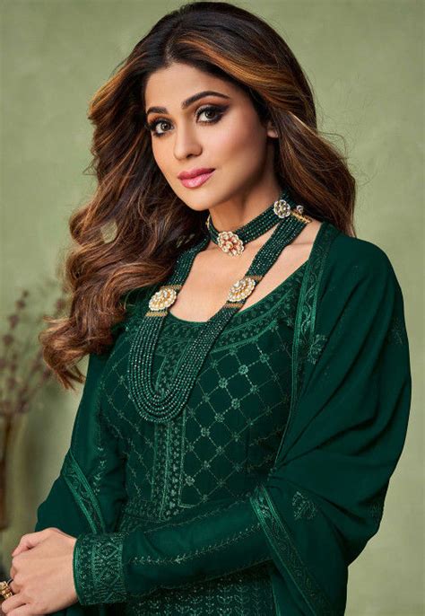 Buy Embroidered Georgette Abaya Style Suit In Dark Green Online