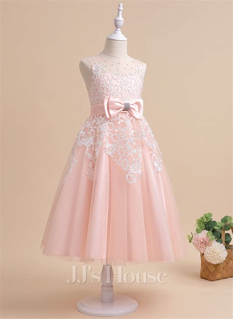 A Line Tea Length Flower Girl Dress Tulle Sleeveless Scalloped Neck