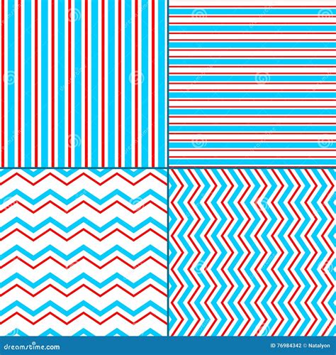 Abstract Geometric Chevron And Stripes Seamless Pattern Set In Blue Red