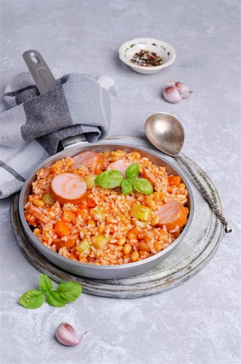 Stewed Rice with Beans, Sausages and Vegetables Stock Image - Image of organic, risotto: 186207251