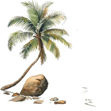 Watercolor Painting Of Palm Tree On Beach With Rocks Watercolor