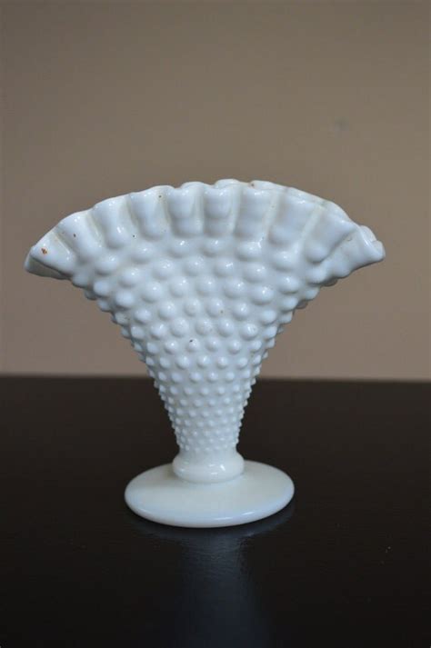 Vintage Hobnail Milk Glass Fenton Bud Vase Fanned Crimped