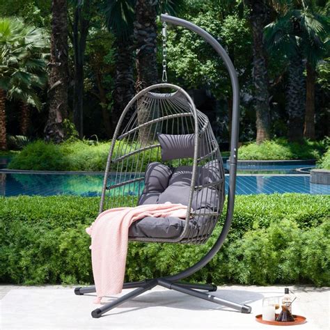 Modern Outdoor Wicker Egg Hanging Chair With Stand Patio Swing