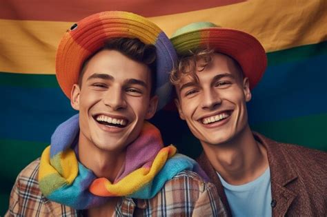 Um Lindo Casal Gay Feliz As Cores Do Arco Ris Em Um Campo De Flores M S Do Orgulho Lgbtq