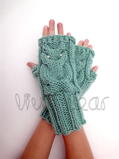 Knit Owl Cable Fingerless Gloves Sage Or 44 Colors Arm Etsy