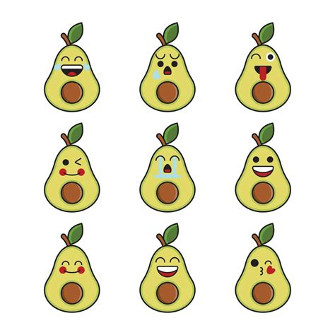 Vector Set Of Fruit Emoticons Cute Avocado Emoji With Face