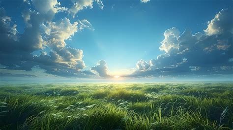 Premium Photo Serene Sunrise Over Lush Green Meadow Natures Beauty On