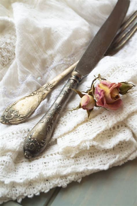 Vintage Cutlery Set With Fork And Knife Vertical Image Stock Photo