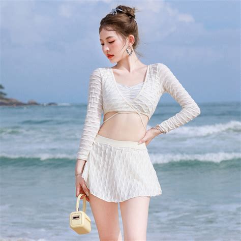 Bộ đồ bơi đồ đi biển nữ đồ bơi ba mảnh bikini có vỏ dài tay váy xẻ