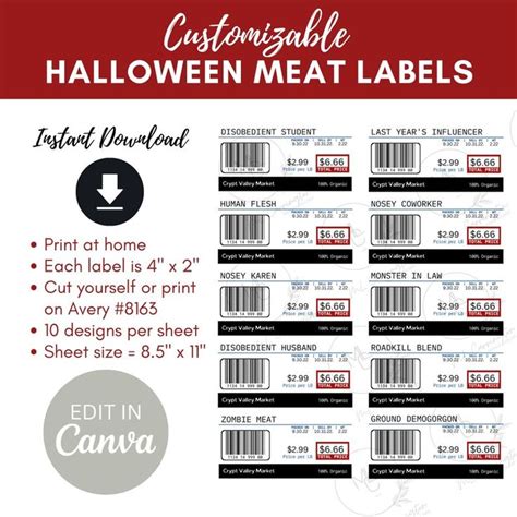 Editable Halloween Meat Labels Holiday White Elephant Idea Print at ...