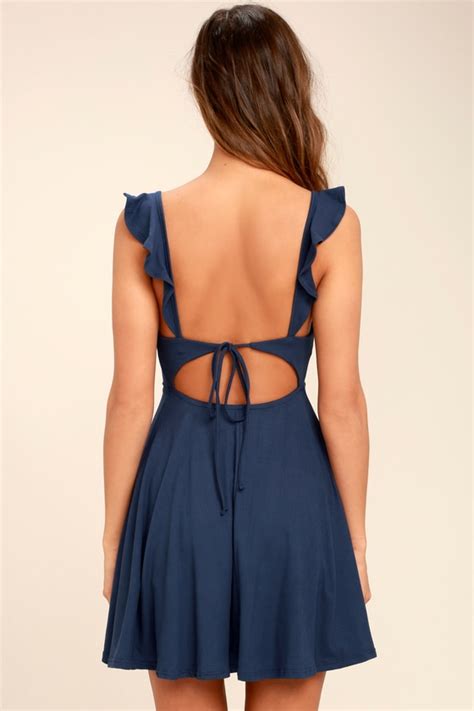 Cute Navy Blue Dress Backless Dress Skater Dress Fit And Flare