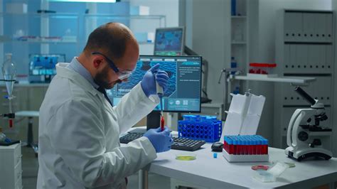 Scientist putting blood sample from test tube with micropipette in