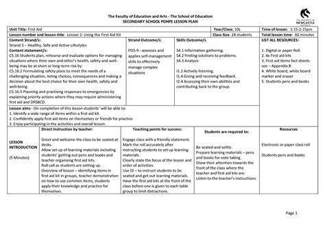 Lesson Plan 2 Using The First Aid Kit Secondary School Pdhpe Lesson Plan Unit Title First