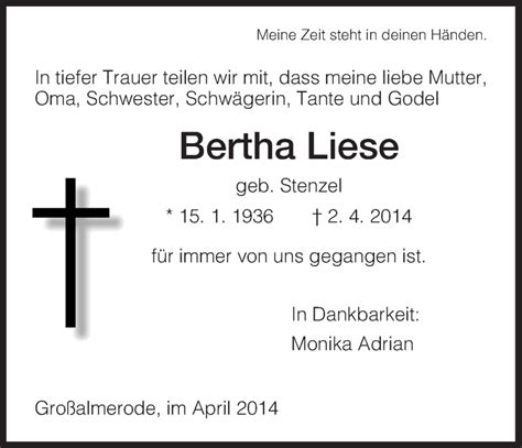 Traueranzeigen Von Bertha Liese Trauer HNA De