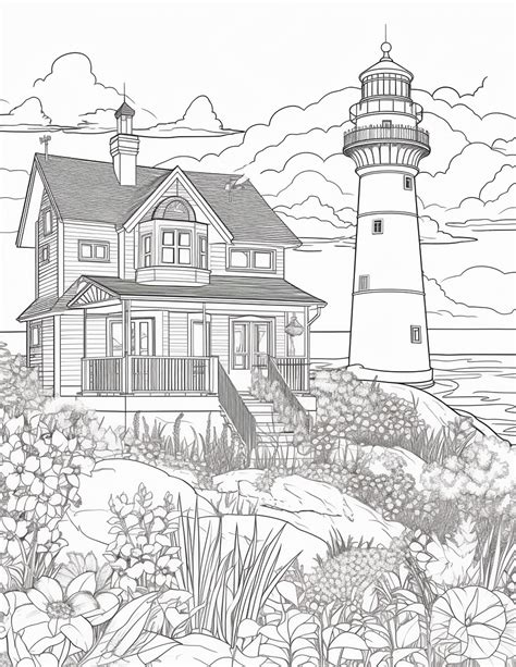 A Drawing Of A House With A Lighthouse On The Top And Flowers In Front