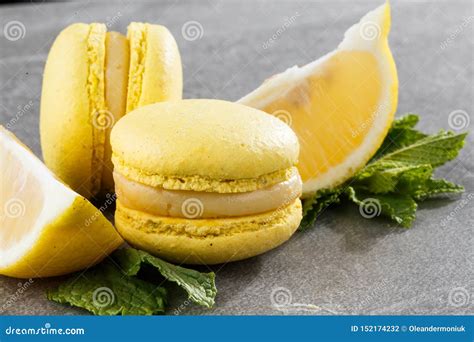 French Macaroons Isolated Selective Focus Beautiful Yellow Macaroons