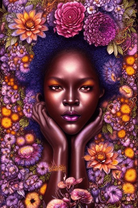 Dark Skinned Woman With Flowers · Creative Fabrica