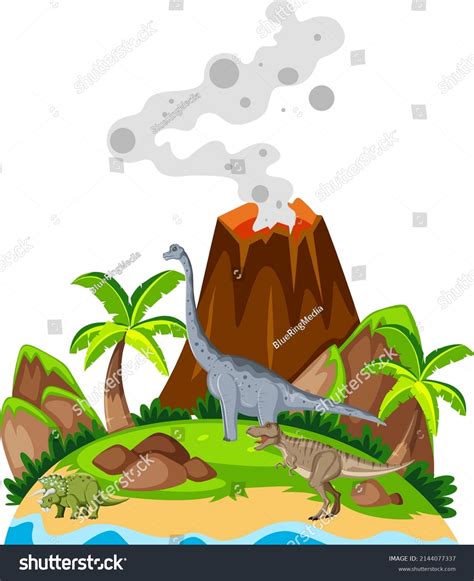 Scene Dinosaurs Brachiosaurus On Island Illustration Stock Vector