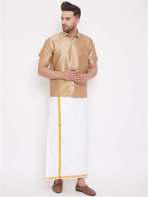 Vm By Vastramay Mens Rose Gold And White Silk Blend Shirt And Mundu S