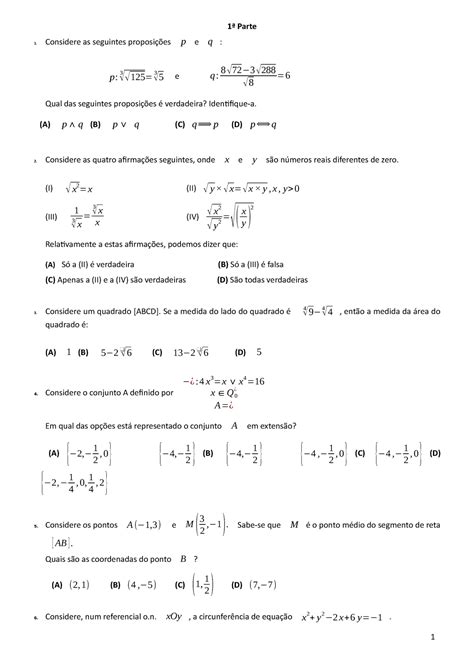 Ficha de Preparação 1ª Parte Considere as seguintes proposições p e q