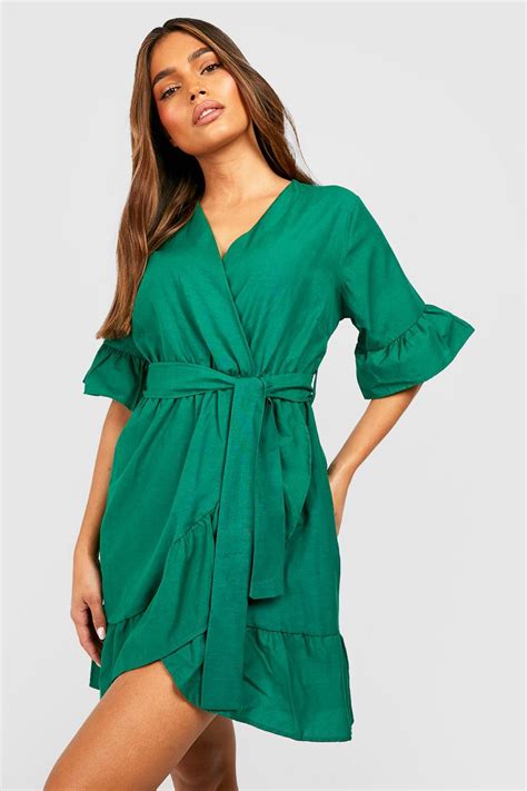 Ruffle Wrap Belted Woven Tea Dress Boohoo