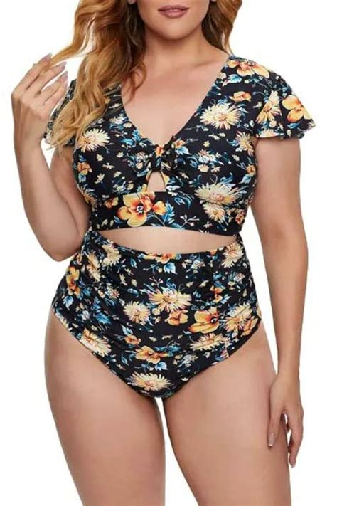 Buy Plus Curvves Plus Size Flutter Cap Sleeve Floral High Waist Bikini