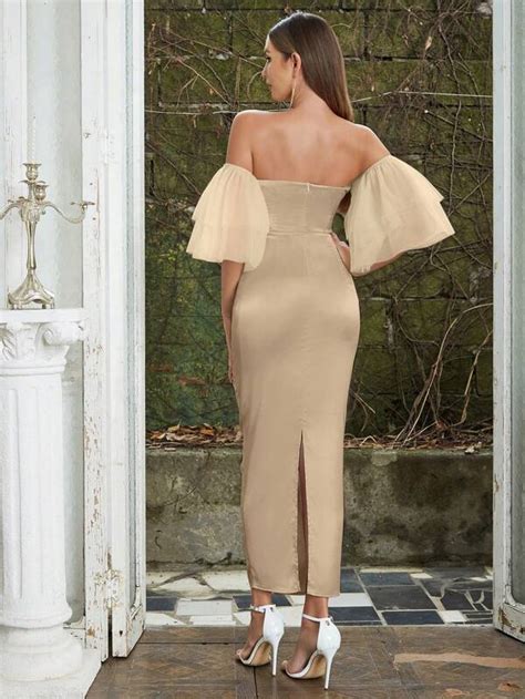 Off Shoulder Ruched Satin Bodycon Dress Shein Usa