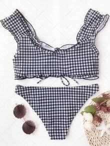 Gingham Lace Up Bralette Bikini Set White And Black Bikinis L Zaful