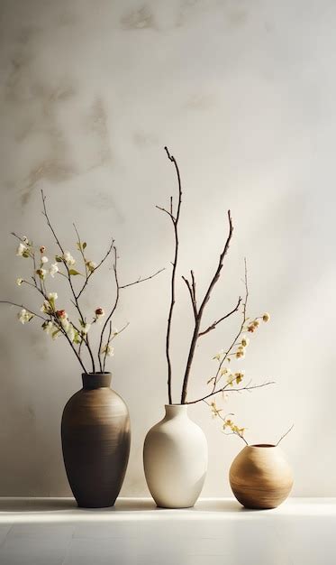 Premium Ai Image A Set Of Vases Next To A Branch On A Plain Backdrop