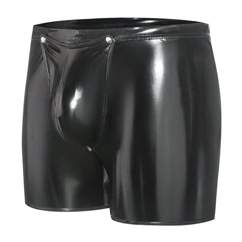 Syhzlz Men Sexy Open Crotch Shiny Leather Short Pants Button Crotchless